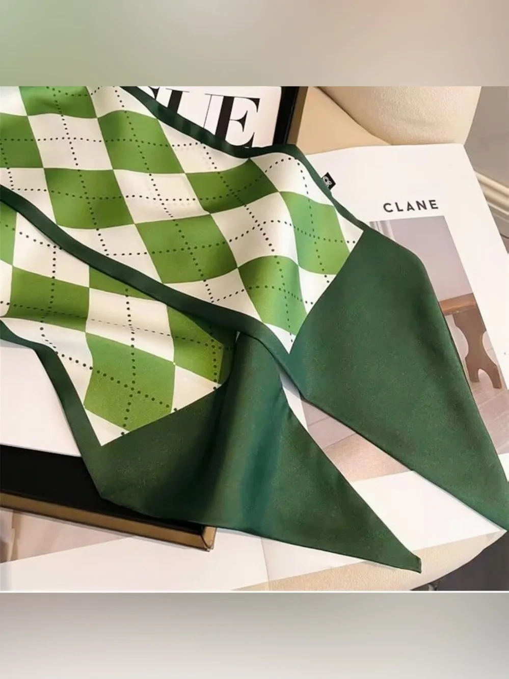 Green Diamond Pattern Silky Satin Scarf – Multi-Use Hair, Neck & Bag Accessory